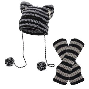 Grunge Y2K Black & Gray Striped Cat Ear Hat and Arm Warmers Set